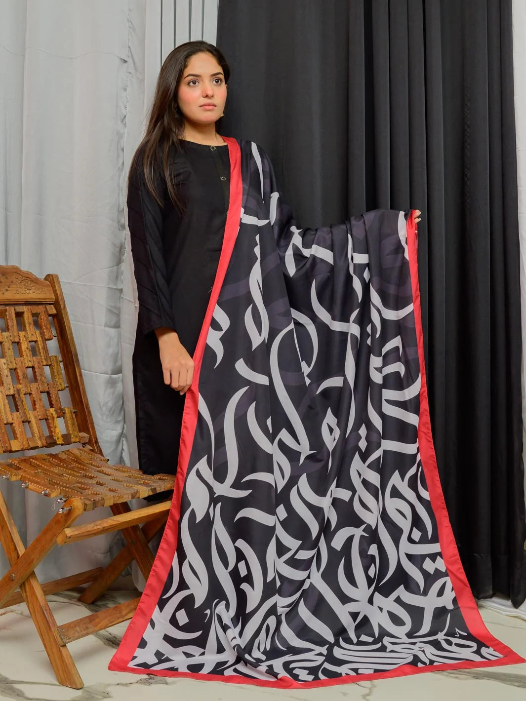 Huroof Voile Odhni | BLACK