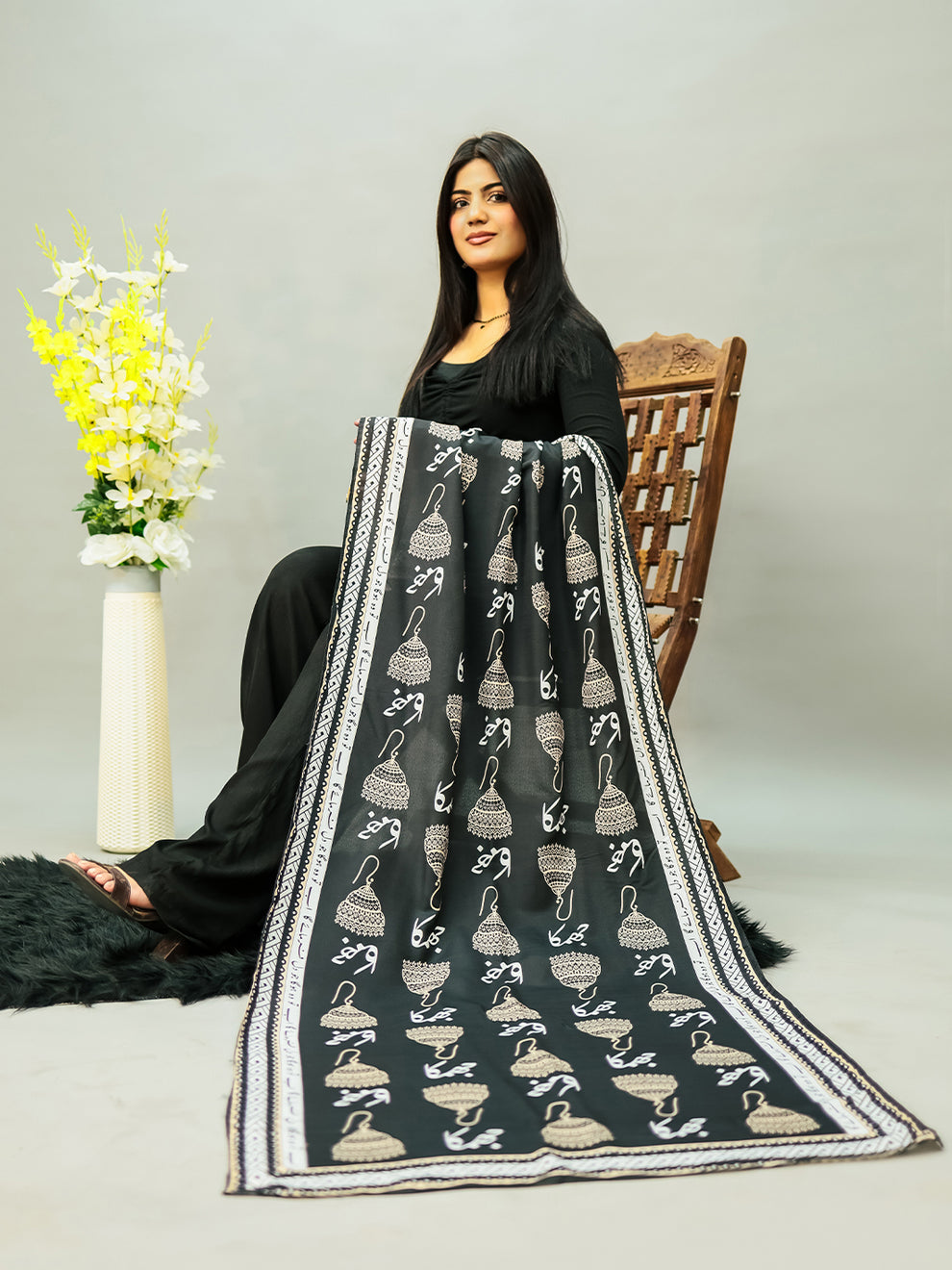 Jhumka Stole (White,Black n Skin)
